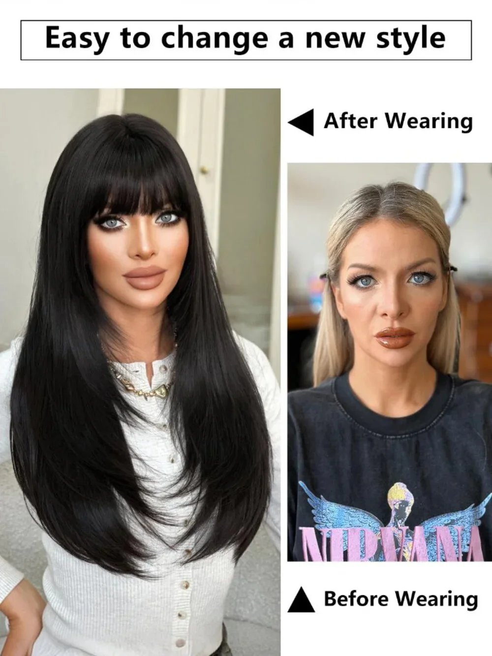 Women's Dark Brown 26 Inch Heat Resistant Synthetic Long Straight Wigs Bangs